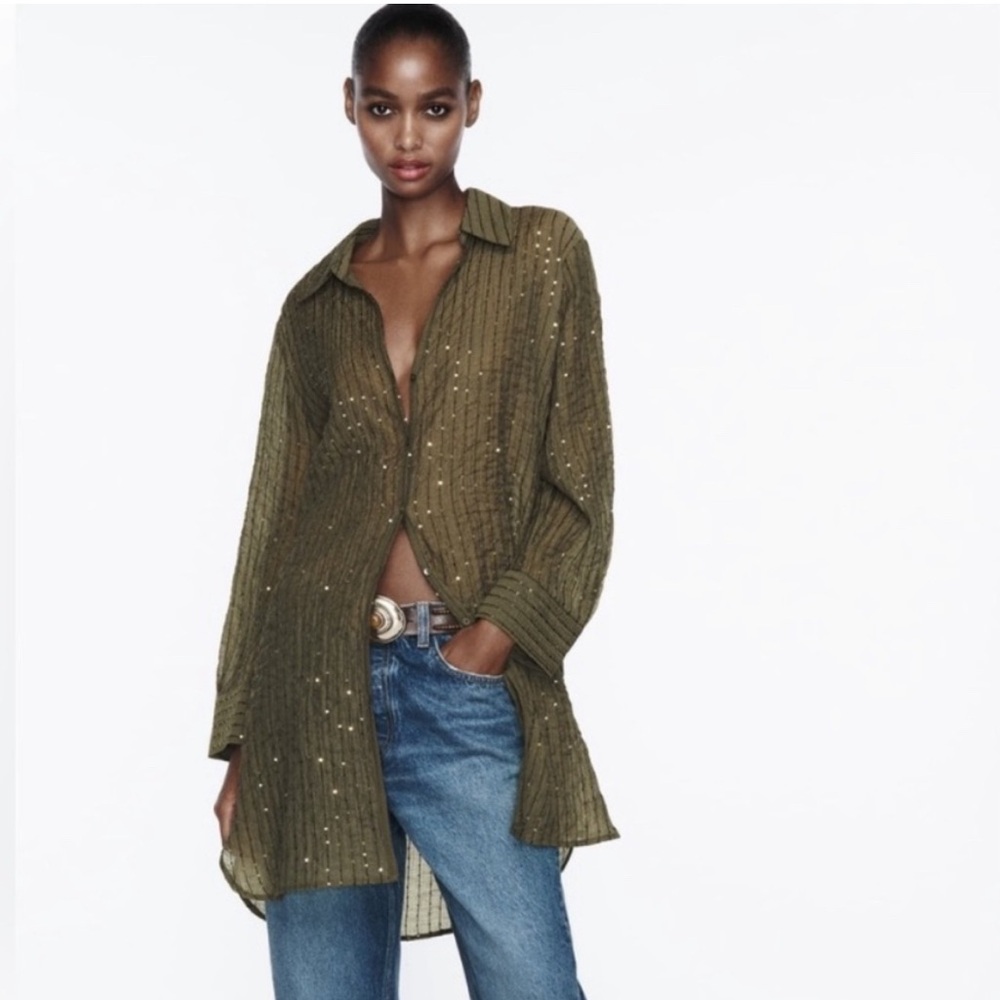 Zara fall fashion- olive green sequin oversized button up blouse
